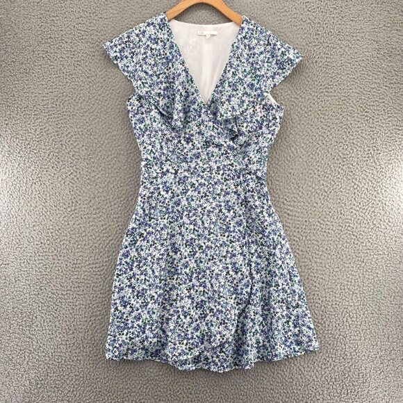 Gianni Bini Dress Womens Small Blue Dainty Floral Country True Wrap Ruffle Tie - Picture 1 of 11